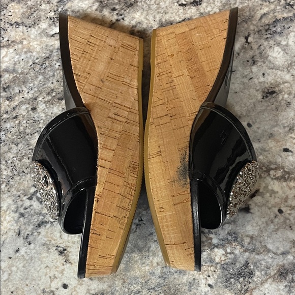 Coach Judith Black Patent Leather Cork Wedge Sandals - Picture 6 of 12